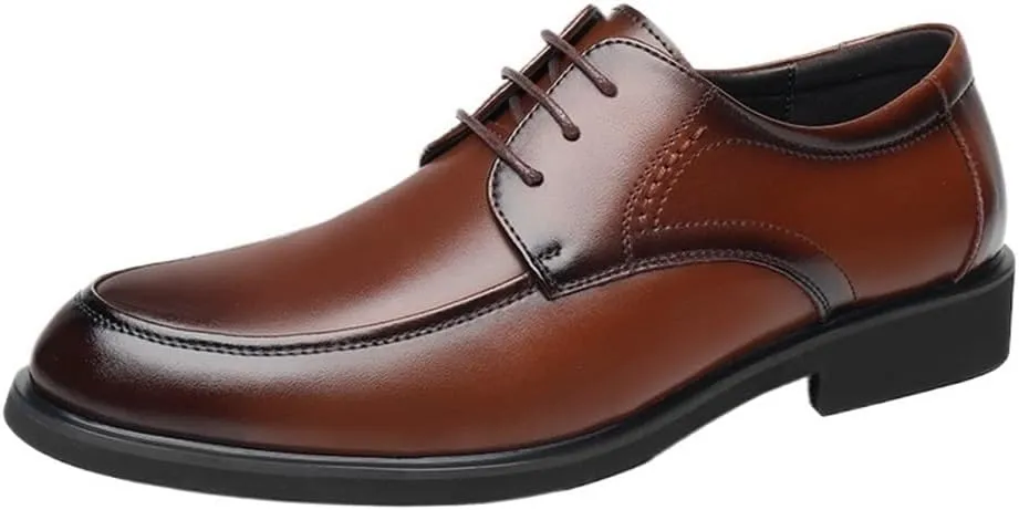 Mens Leather Dress Shoes Business Formal Breathable Round Toe Casual Social Lace Up Comfortable Genuine Leather Shoes