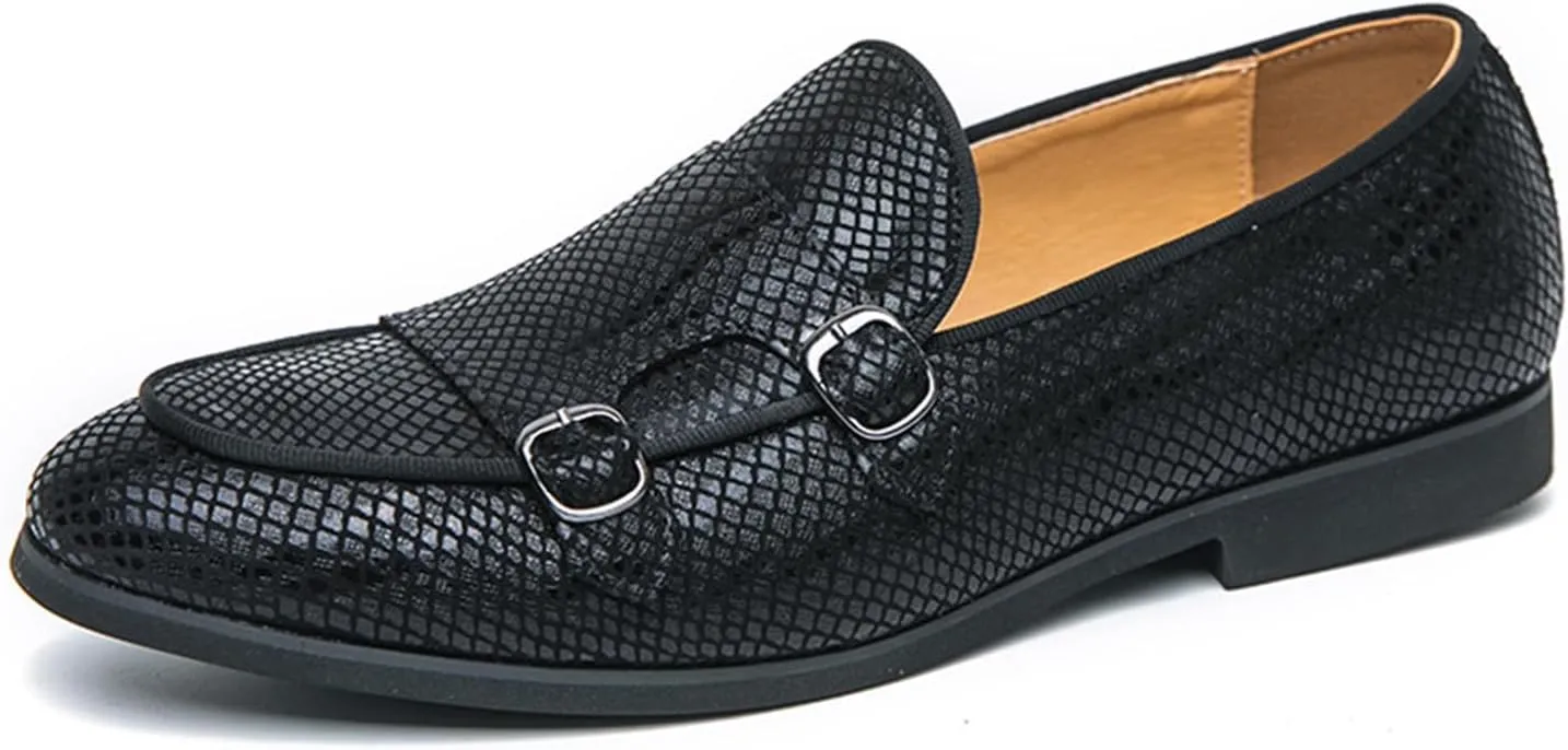 Mens Leather Printed Patterr Double Monk Strap Slip on Loafers Breathable Round Toe Soft Sole Flat Moccasins Shoes Formal Wear Driving Business Casual Shoes for Party Wedding