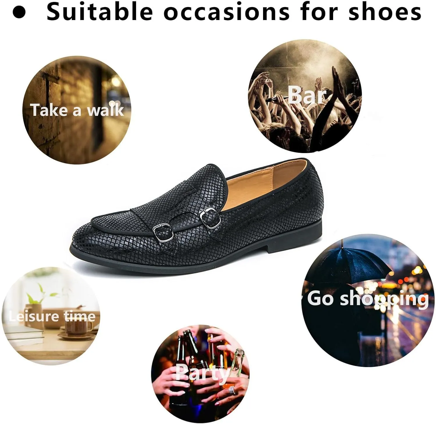 Mens Leather Printed Patterr Double Monk Strap Slip on Loafers Breathable Round Toe Soft Sole Flat Moccasins Shoes Formal Wear Driving Business Casual Shoes for Party Wedding