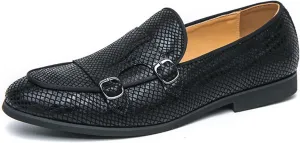 Mens Leather Printed Patterr Double Monk Strap Slip on Loafers Breathable Round Toe Soft Sole Flat Moccasins Shoes Formal Wear Driving Business Casual Shoes for Party Wedding