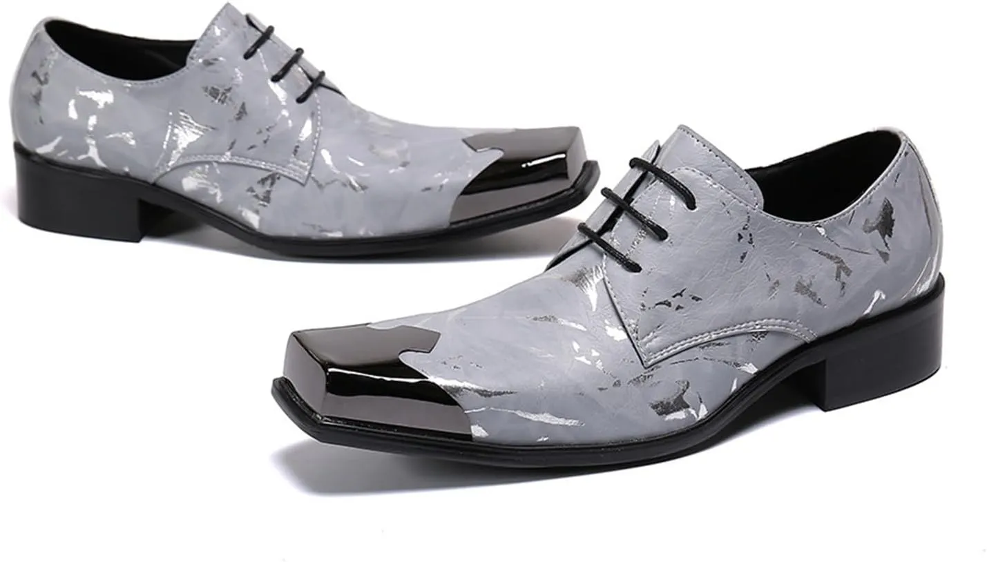 Men's Leather Shoes, Business Casual Men's Simple Print Square Toe Dress Lace-Up Shoes, Barber Host Nightclub Stage Wedding Party Banquet Prom Uniform Office Work Shoes