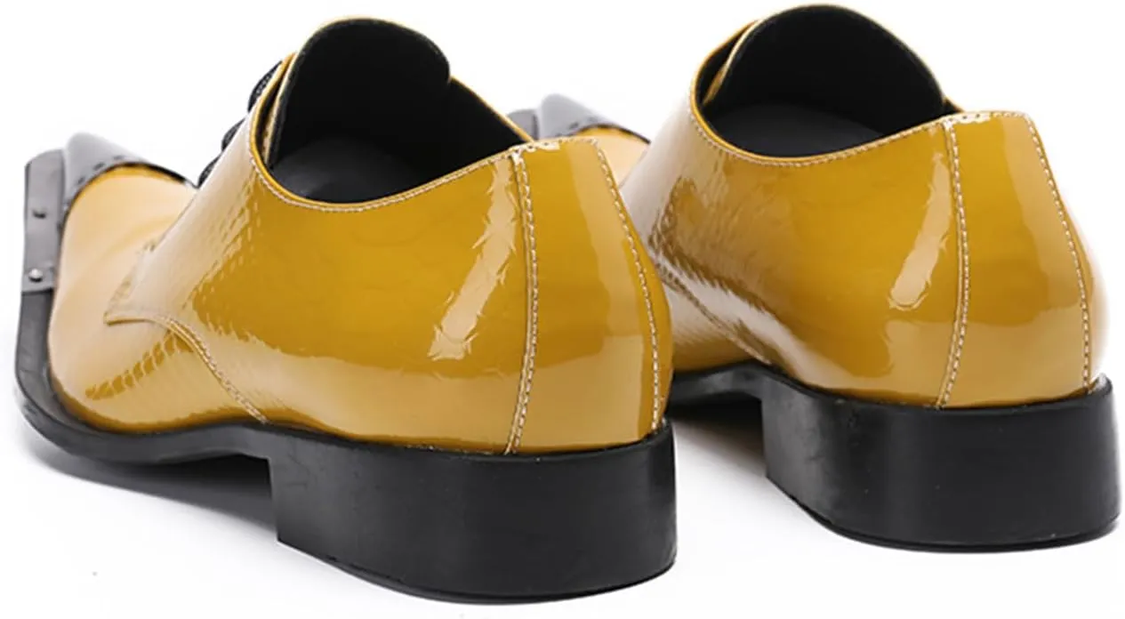 Men's Leather Shoes, Men's Simple Plaid Metal Pointed Toe Dress Lace-Up Shoes, Barber Host Nightclub Stage Wedding Party Banquet Prom Uniform Office Work Shoes