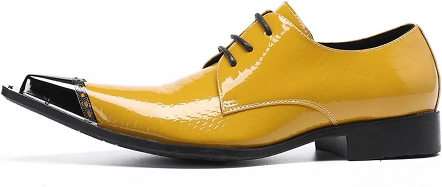 Men's Leather Shoes, Men's Simple Plaid Metal Pointed Toe Dress Lace-Up Shoes, Barber Host Nightclub Stage Wedding Party Banquet Prom Uniform Office Work Shoes