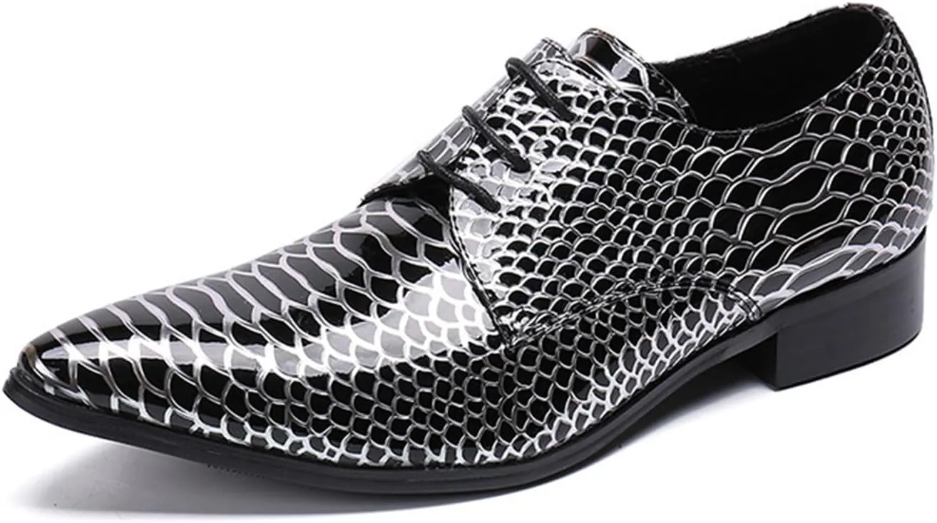 Men's Leather Shoes, Men's Simple Plaid Printed Pointed Toe Dress Lace-Up Shoes, Barber Host Nightclub Stage Wedding Party Banquet Prom Uniform Office Work Shoes