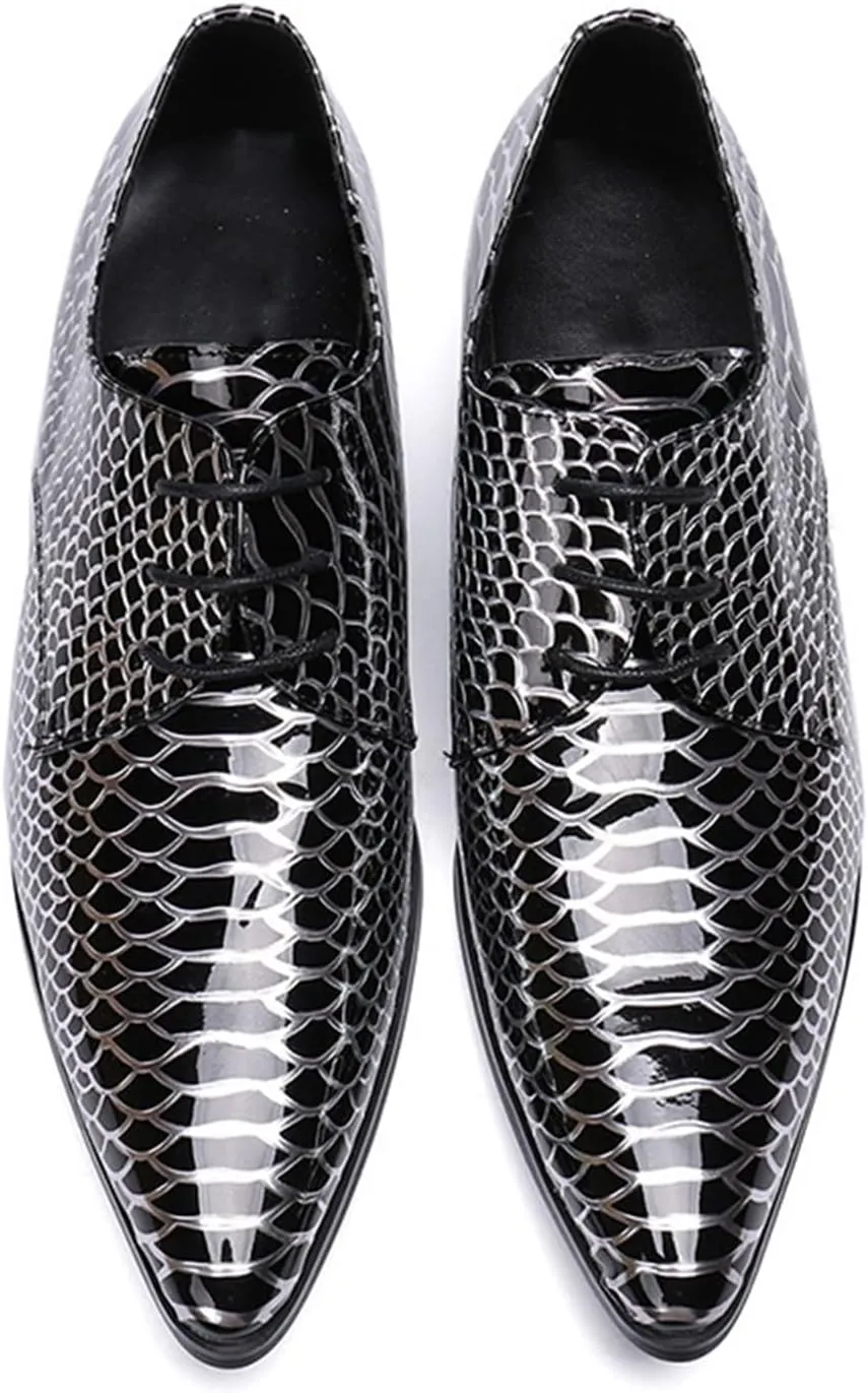 Men's Leather Shoes, Men's Simple Plaid Printed Pointed Toe Dress Lace-Up Shoes, Barber Host Nightclub Stage Wedding Party Banquet Prom Uniform Office Work Shoes