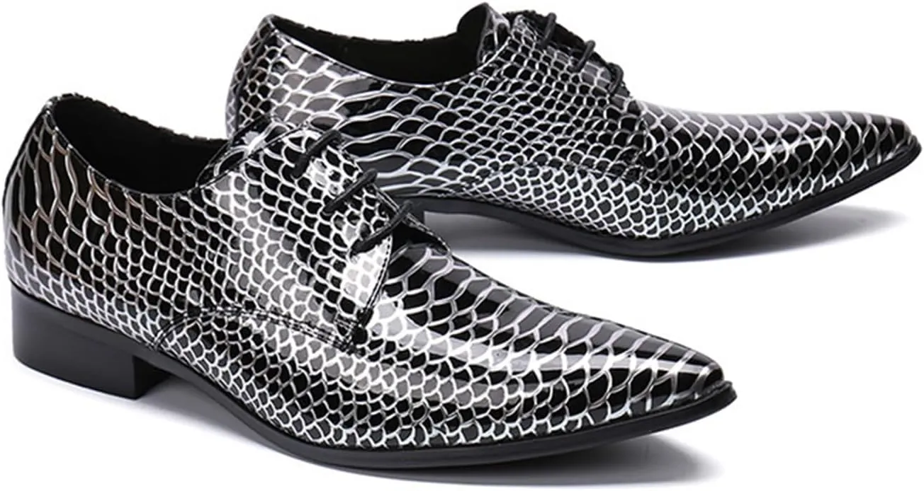 Men's Leather Shoes, Men's Simple Plaid Printed Pointed Toe Dress Lace-Up Shoes, Barber Host Nightclub Stage Wedding Party Banquet Prom Uniform Office Work Shoes