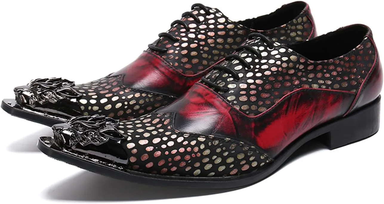 Men's Leather Shoes, Men's Simple Polka dot Splicing Pointed Toe Dress Lace-Up Shoes, Barber Host Nightclub Stage Wedding Party Banquet Prom Uniform Office Work Shoes