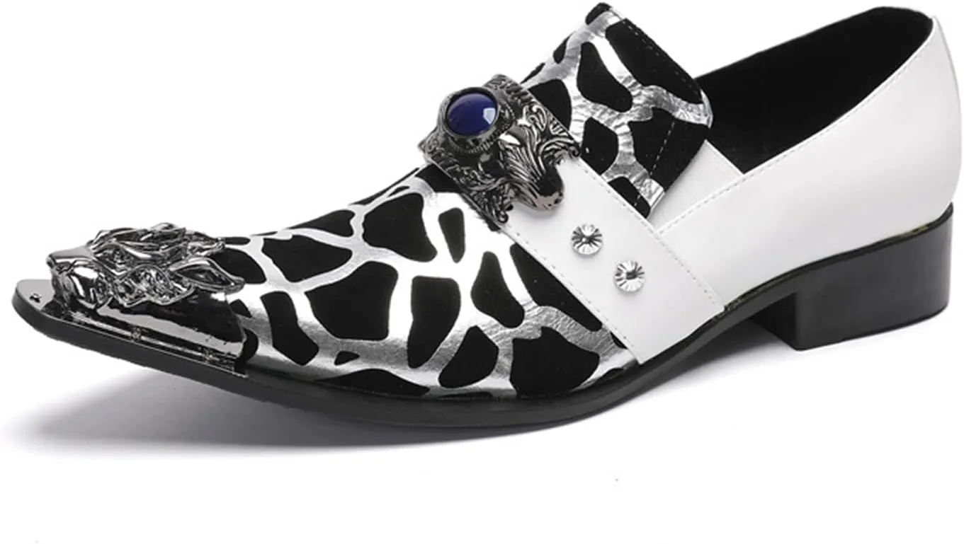Men's Leather Shoes, Men's Simple Printed Metal Pointed Toe Dress Shoes, Wedding Party Banquet Nightclub Stage Host Barber Uniform Office Work Shoes
