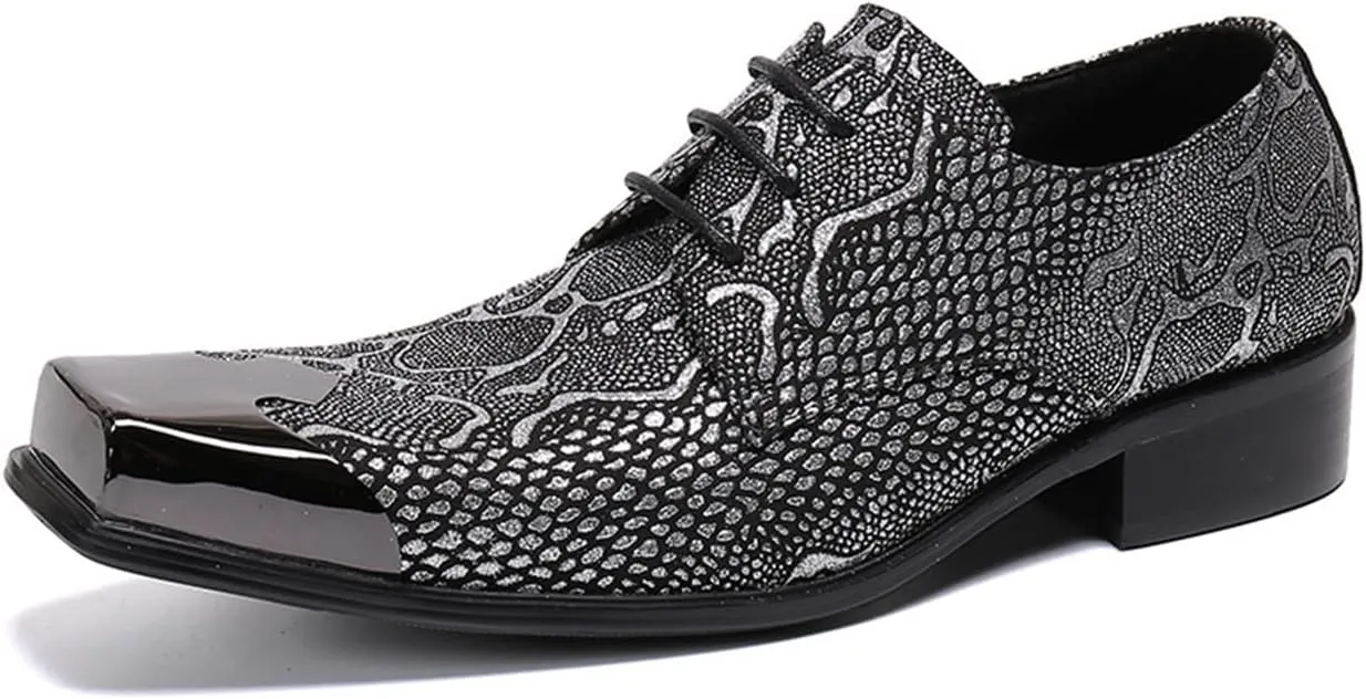Men's Leather Shoes, Men's Simple Snake Print Square Toe Dress Lace-Up Shoes, Barber Host Nightclub Stage Wedding Party Banquet Prom Uniform Office Work Shoes