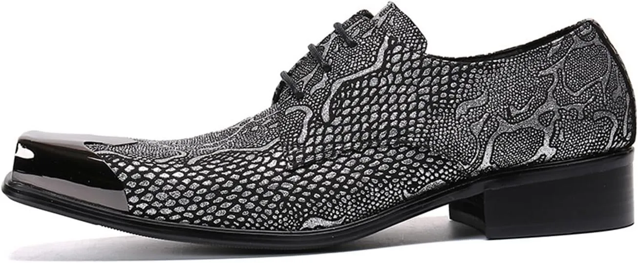 Men's Leather Shoes, Men's Simple Snake Print Square Toe Dress Lace-Up Shoes, Barber Host Nightclub Stage Wedding Party Banquet Prom Uniform Office Work Shoes