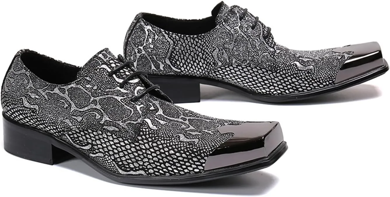 Men's Leather Shoes, Men's Simple Snake Print Square Toe Dress Lace-Up Shoes, Barber Host Nightclub Stage Wedding Party Banquet Prom Uniform Office Work Shoes