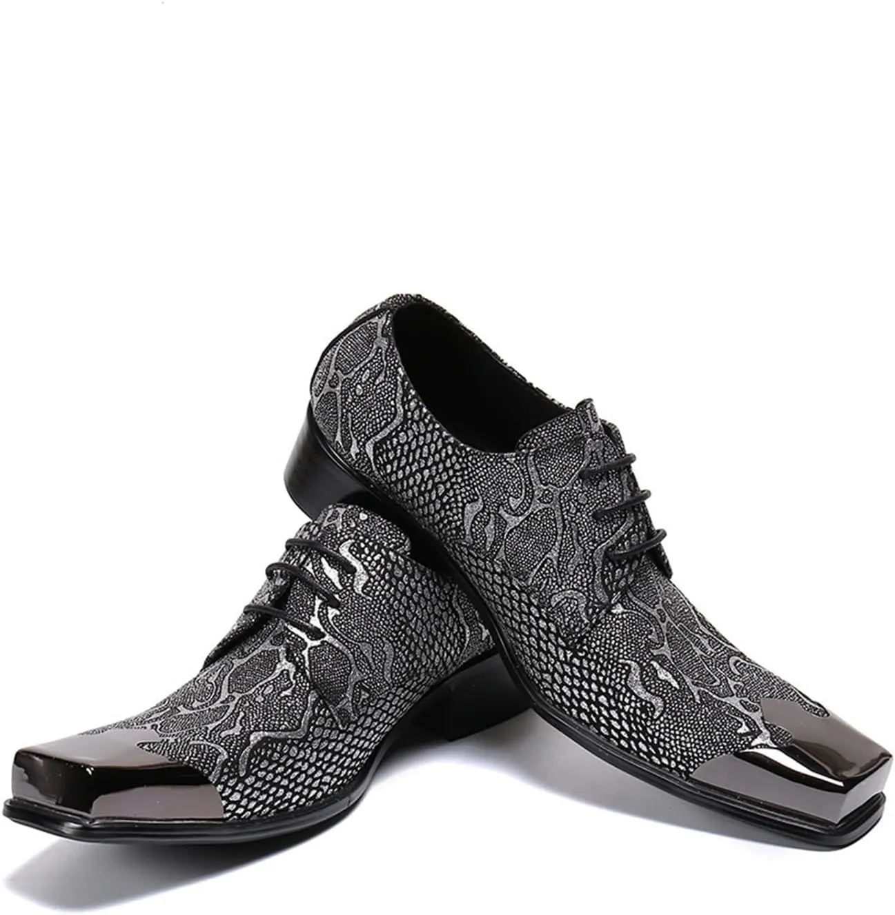 Men's Leather Shoes, Men's Simple Snake Print Square Toe Dress Lace-Up Shoes, Barber Host Nightclub Stage Wedding Party Banquet Prom Uniform Office Work Shoes