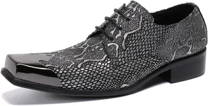 Men's Leather Shoes, Men's Simple Snake Print Square Toe Dress Lace-Up Shoes, Barber Host Nightclub Stage Wedding Party Banquet Prom Uniform Office Work Shoes