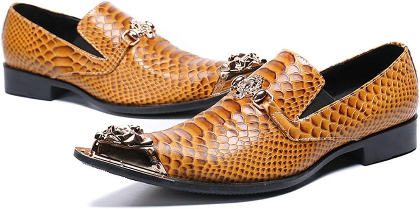 Men's Leather Shoes, Simple British Snake Pattern Metal tip Men's Dress Shoes, Wedding Party Banquet Nightclub Host Barber Stage Uniform Office Shoes