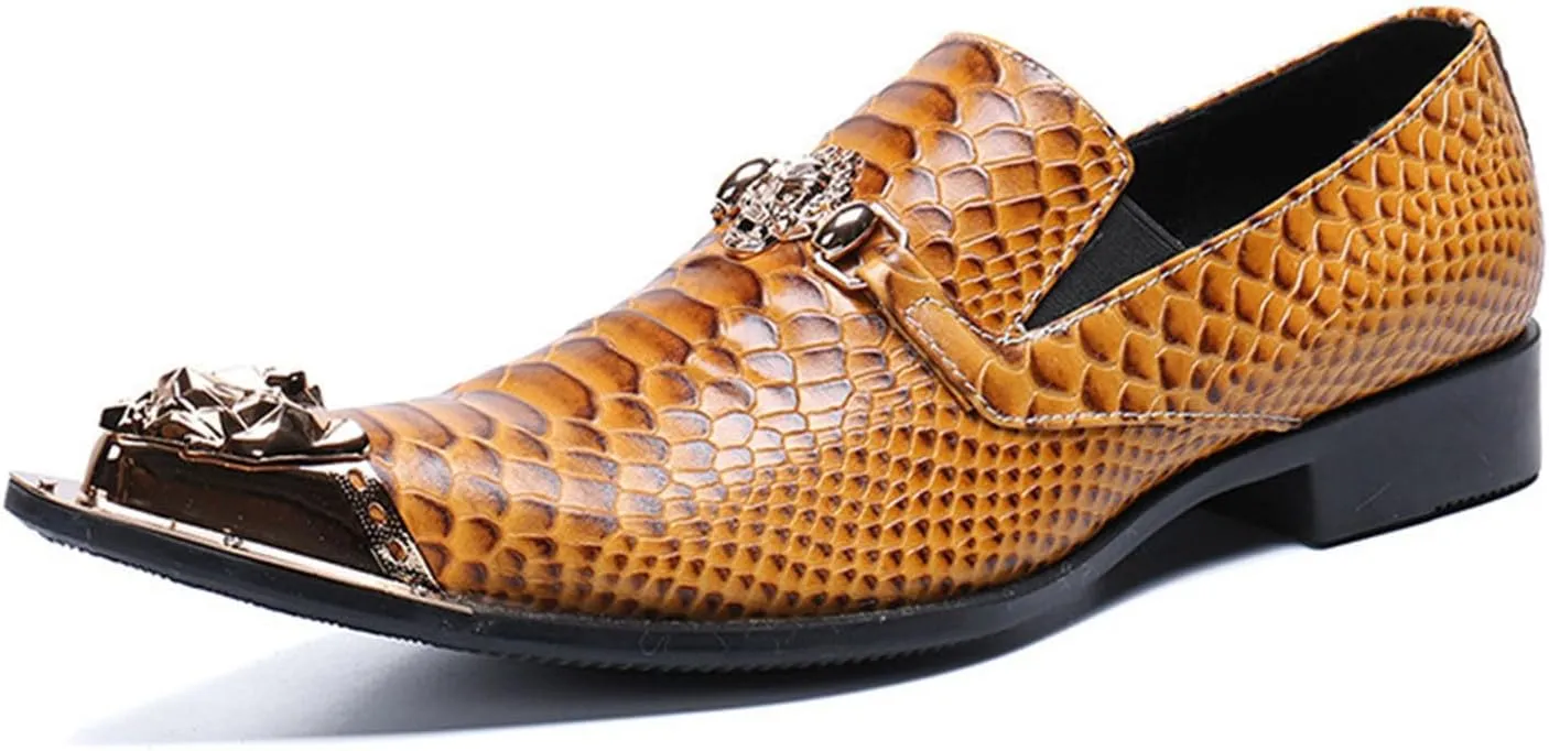 Men's Leather Shoes, Simple British Snake Pattern Metal tip Men's Dress Shoes, Wedding Party Banquet Nightclub Host Barber Stage Uniform Office Shoes