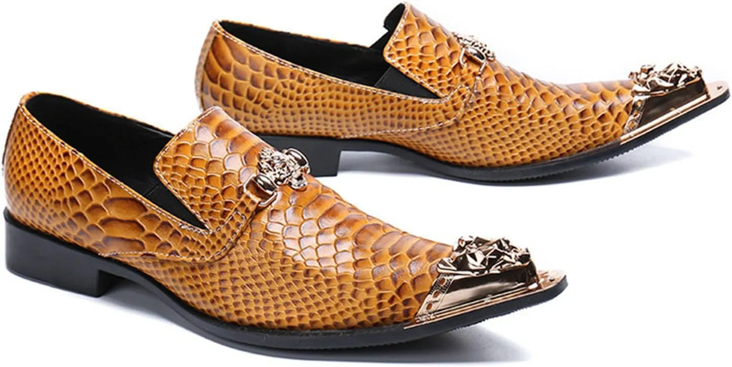 Men's Leather Shoes, Simple British Snake Pattern Metal tip Men's Dress Shoes, Wedding Party Banquet Nightclub Host Barber Stage Uniform Office Shoes