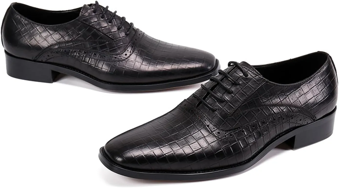 Men's Leather Shoes, Simple Business Plaid Pattern Men's Dress Lace-Up Shoes, Barber Host Nightclub Stage Wedding Party Banquet Prom Uniform Office Work Shoes