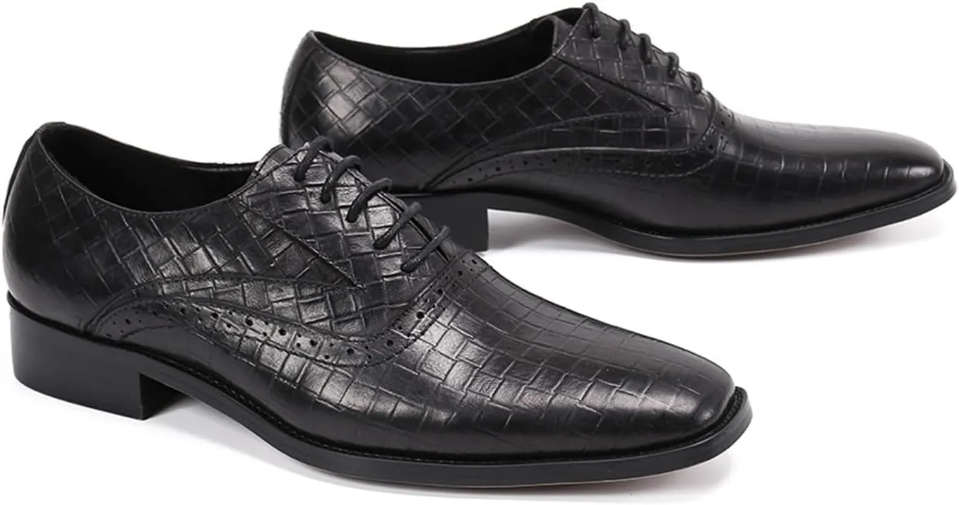 Men's Leather Shoes, Simple Business Plaid Pattern Men's Dress Lace-Up Shoes, Barber Host Nightclub Stage Wedding Party Banquet Prom Uniform Office Work Shoes