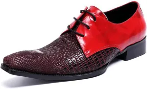 Men's Leather Shoes, Simple Color Block Crocodile Pattern Men's Dress Lace-Up Shoes, Barber Host Nightclub Stage Wedding Party Banquet Prom Uniform Office Work Shoes