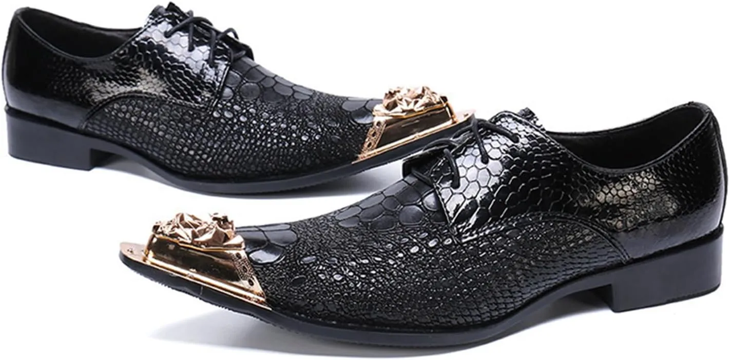 Men's Leather Shoes, Simple Crocodile Pattern Metal Pointed Toe Men's Dress Lace-Up Shoes, Barber Host Nightclub Stage Wedding Party Banquet Prom Uniform Office Work Shoes