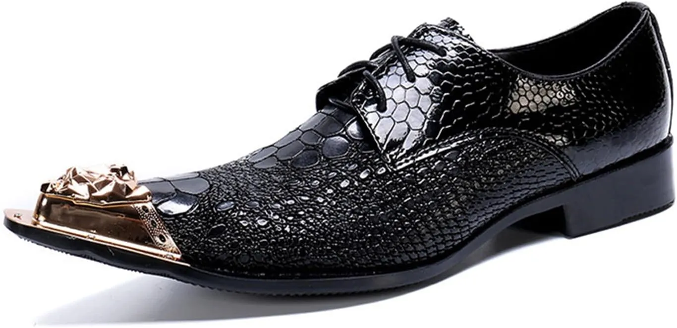 Men's Leather Shoes, Simple Crocodile Pattern Metal Pointed Toe Men's Dress Lace-Up Shoes, Barber Host Nightclub Stage Wedding Party Banquet Prom Uniform Office Work Shoes