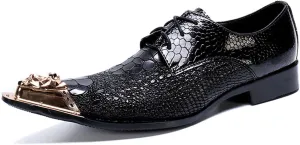Men's Leather Shoes, Simple Crocodile Pattern Metal Pointed Toe Men's Dress Lace-Up Shoes, Barber Host Nightclub Stage Wedding Party Banquet Prom Uniform Office Work Shoes