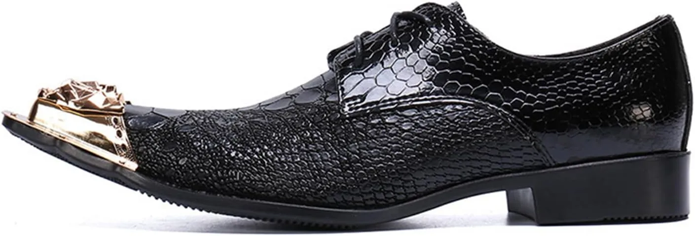 Men's Leather Shoes, Simple Crocodile Pattern Metal Pointed Toe Men's Dress Lace-Up Shoes, Barber Host Nightclub Stage Wedding Party Banquet Prom Uniform Office Work Shoes