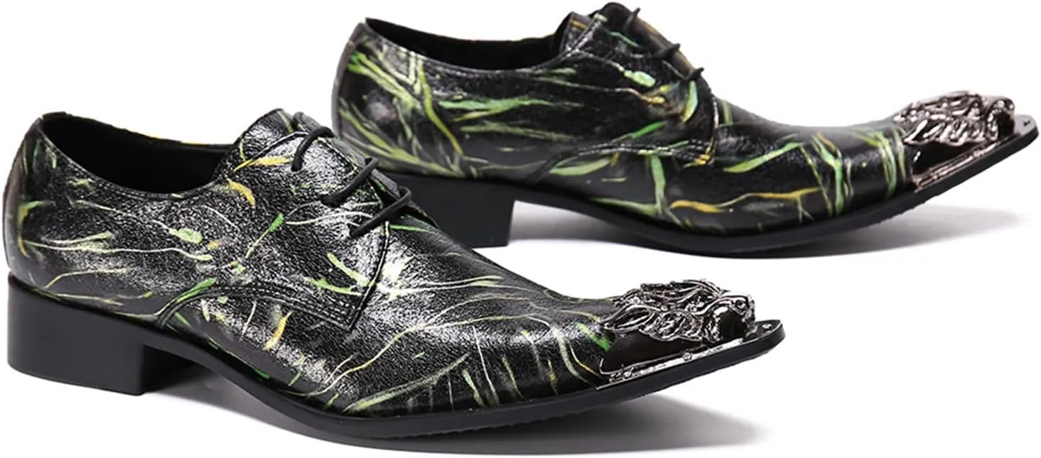 Men's Leather Shoes, Simple line Metal tip Men's Dress Lace-Up Shoes, Barber Host Nightclub Stage Wedding Party Banquet Prom Uniform Office Work Shoes