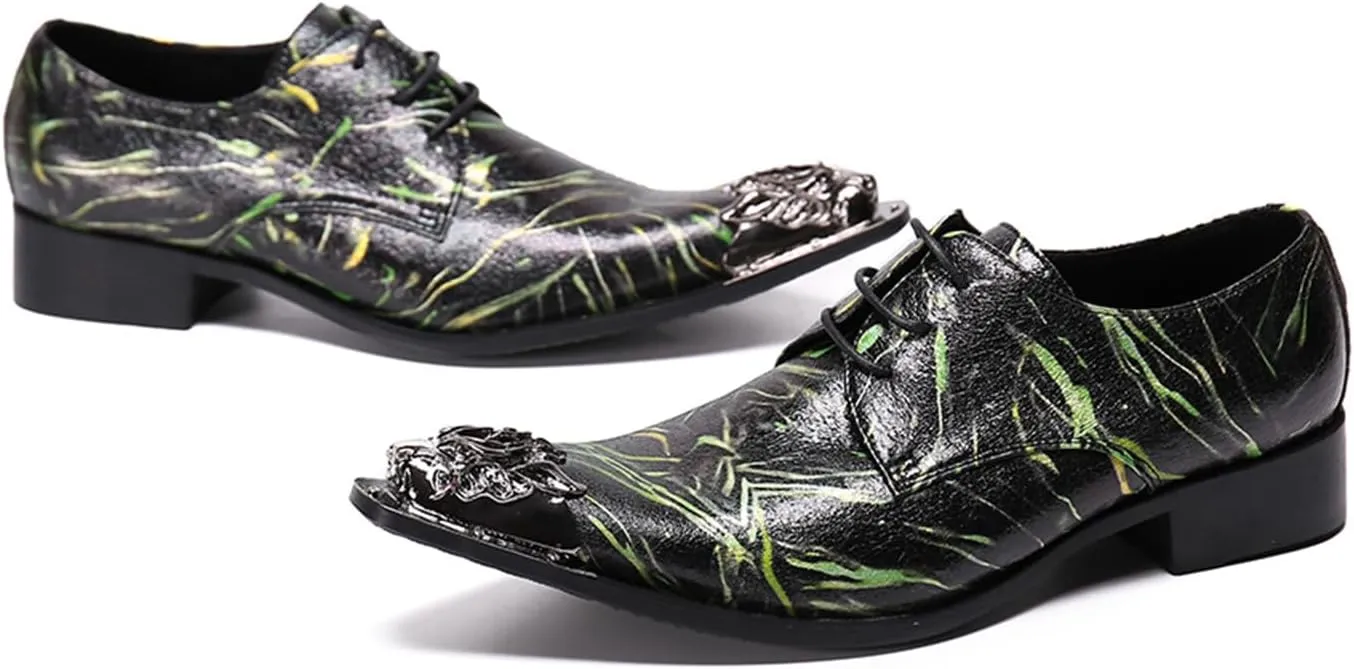 Men's Leather Shoes, Simple line Metal tip Men's Dress Lace-Up Shoes, Barber Host Nightclub Stage Wedding Party Banquet Prom Uniform Office Work Shoes