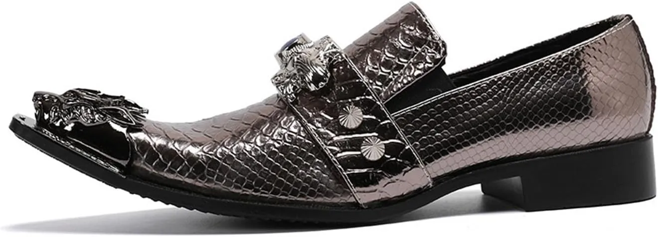 Men's Leather Shoes, Simple Plaid Shiny Metal tip Men's Dress Shoes, Wedding Party Banquet Nightclub Host Barber Stage Uniform Office Shoes