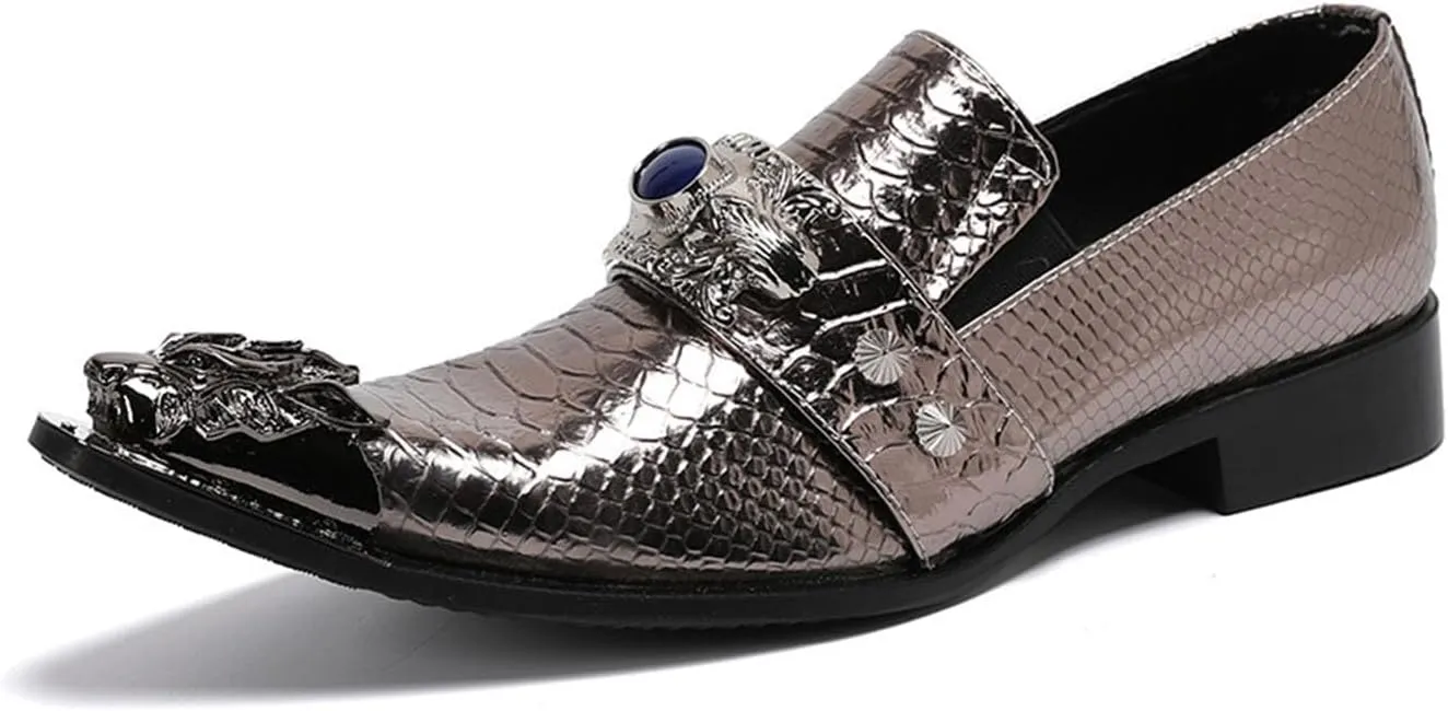 Men's Leather Shoes, Simple Plaid Shiny Metal tip Men's Dress Shoes, Wedding Party Banquet Nightclub Host Barber Stage Uniform Office Shoes
