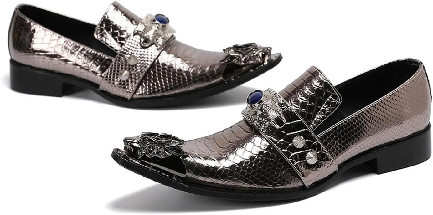 Men's Leather Shoes, Simple Plaid Shiny Metal tip Men's Dress Shoes, Wedding Party Banquet Nightclub Host Barber Stage Uniform Office Shoes
