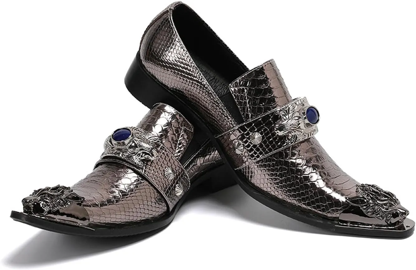 Men's Leather Shoes, Simple Plaid Shiny Metal tip Men's Dress Shoes, Wedding Party Banquet Nightclub Host Barber Stage Uniform Office Shoes
