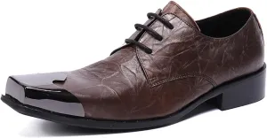 Men's Leather Shoes, Simple Print Men's Square Toe Dress Lace-Up Shoes, Barber Host Nightclub Stage Wedding Party Banquet Prom Uniform Office Work Shoes