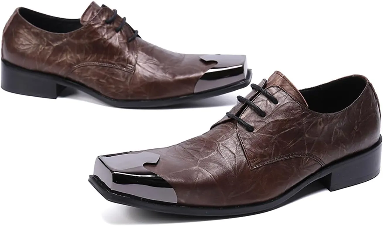 Men's Leather Shoes, Simple Print Men's Square Toe Dress Lace-Up Shoes, Barber Host Nightclub Stage Wedding Party Banquet Prom Uniform Office Work Shoes