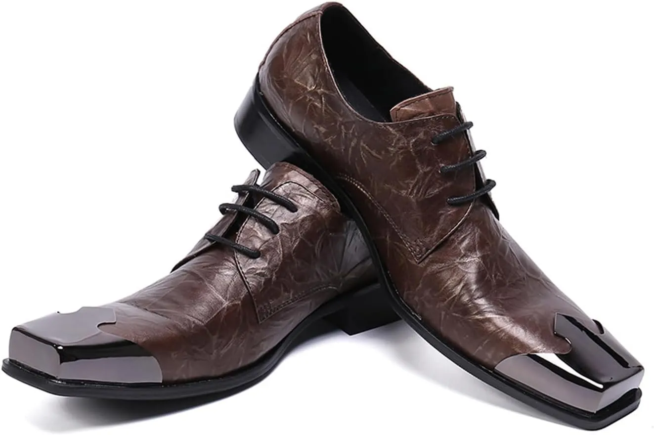 Men's Leather Shoes, Simple Print Men's Square Toe Dress Lace-Up Shoes, Barber Host Nightclub Stage Wedding Party Banquet Prom Uniform Office Work Shoes