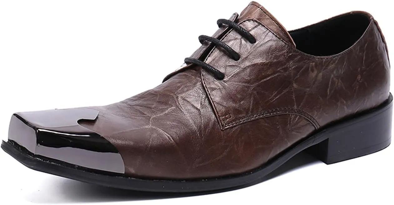 Men's Leather Shoes, Simple Print Men's Square Toe Dress Lace-Up Shoes, Barber Host Nightclub Stage Wedding Party Banquet Prom Uniform Office Work Shoes