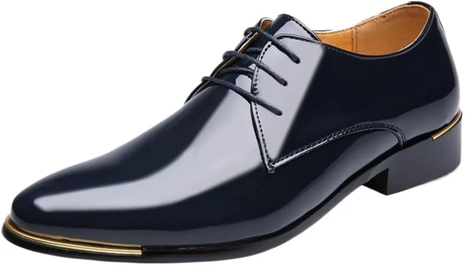 Mens Oxford Dress Shoes Business Lace Up Shiny Pointed Toe Patent Leather Low Top Non Slip Wedding Comfortable Formal