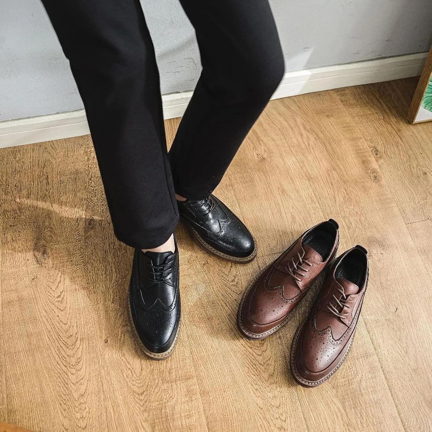 Men's Oxford Shoes Genuine Calf Leather Wingtip Oxfords Lace Up Business Formal Work Shoes Brogue Dress Shoe