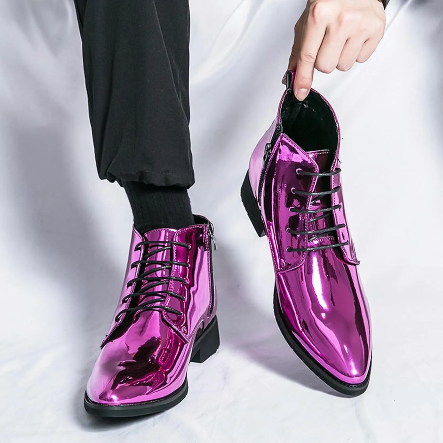 Men's Patent Leather Dress Oxfords Boots Fashion Pointed Toe Lace Up Side Zipper Shiny Ankle Boots Classic Luxury High Top Business Formal Derby Shoes