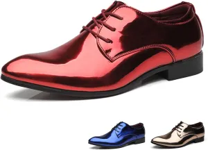 Men's Patent Leather Fashion Lace Up Low Heel Oxford Shoes Shiny Luxury Classic Pointed Toe Low Top Formal Derby Shoes Prom Party Casual Business Tuxedo Dress Shoes