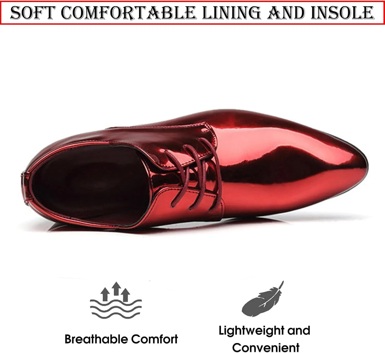 Men's Patent Leather Fashion Lace Up Low Heel Oxford Shoes Shiny Luxury Classic Pointed Toe Low Top Formal Derby Shoes Prom Party Casual Business Tuxedo Dress Shoes