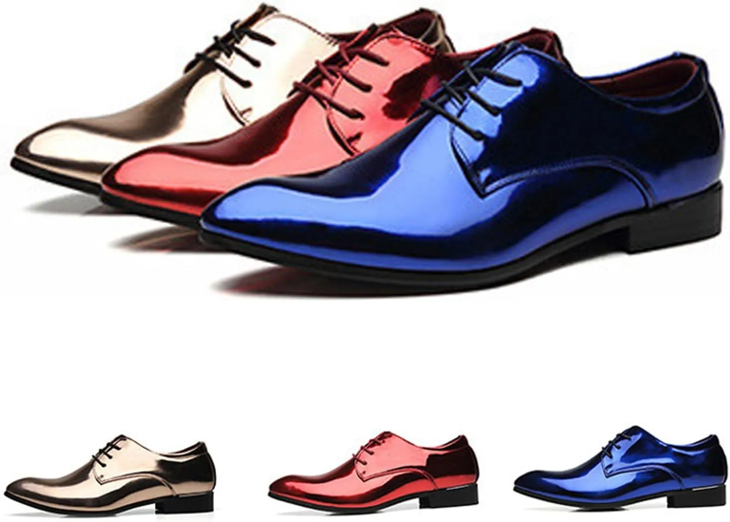 Men's Patent Leather Fashion Lace Up Low Heel Oxford Shoes Shiny Luxury Classic Pointed Toe Low Top Formal Derby Shoes Prom Party Casual Business Tuxedo Dress Shoes
