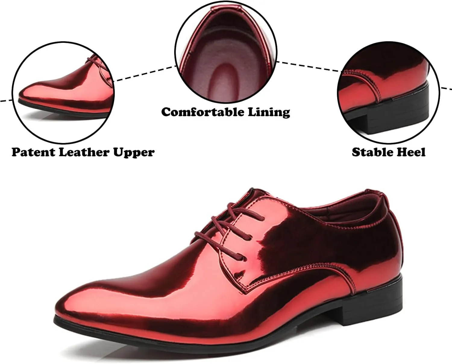 Men's Patent Leather Fashion Lace Up Low Heel Oxford Shoes Shiny Luxury Classic Pointed Toe Low Top Formal Derby Shoes Prom Party Casual Business Tuxedo Dress Shoes
