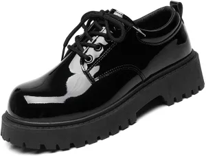 Men's Patent Leather Lace Up Platform Oxfords Round Toe Chunky Heel Lug Sole Soft Bottom Derby Casual Shoes Classic Work Office Business Dress Shoes