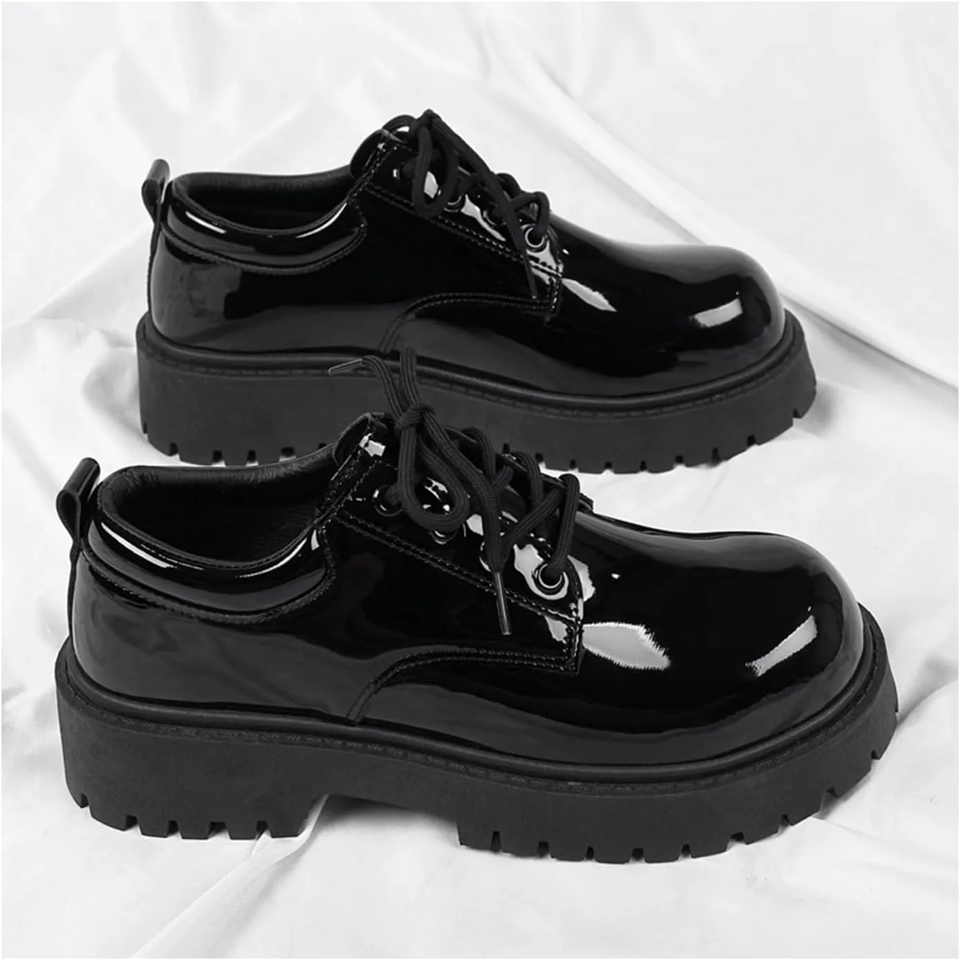 Men's Patent Leather Lace Up Platform Oxfords Round Toe Chunky Heel Lug Sole Soft Bottom Derby Casual Shoes Classic Work Office Business Dress Shoes
