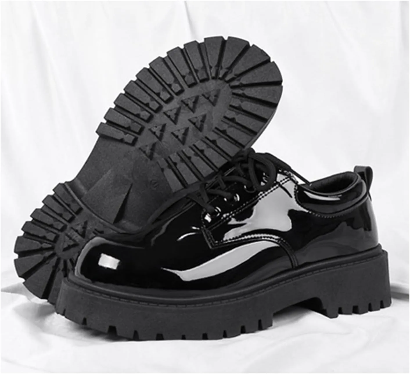 Men's Patent Leather Lace Up Platform Oxfords Round Toe Chunky Heel Lug Sole Soft Bottom Derby Casual Shoes Classic Work Office Business Dress Shoes