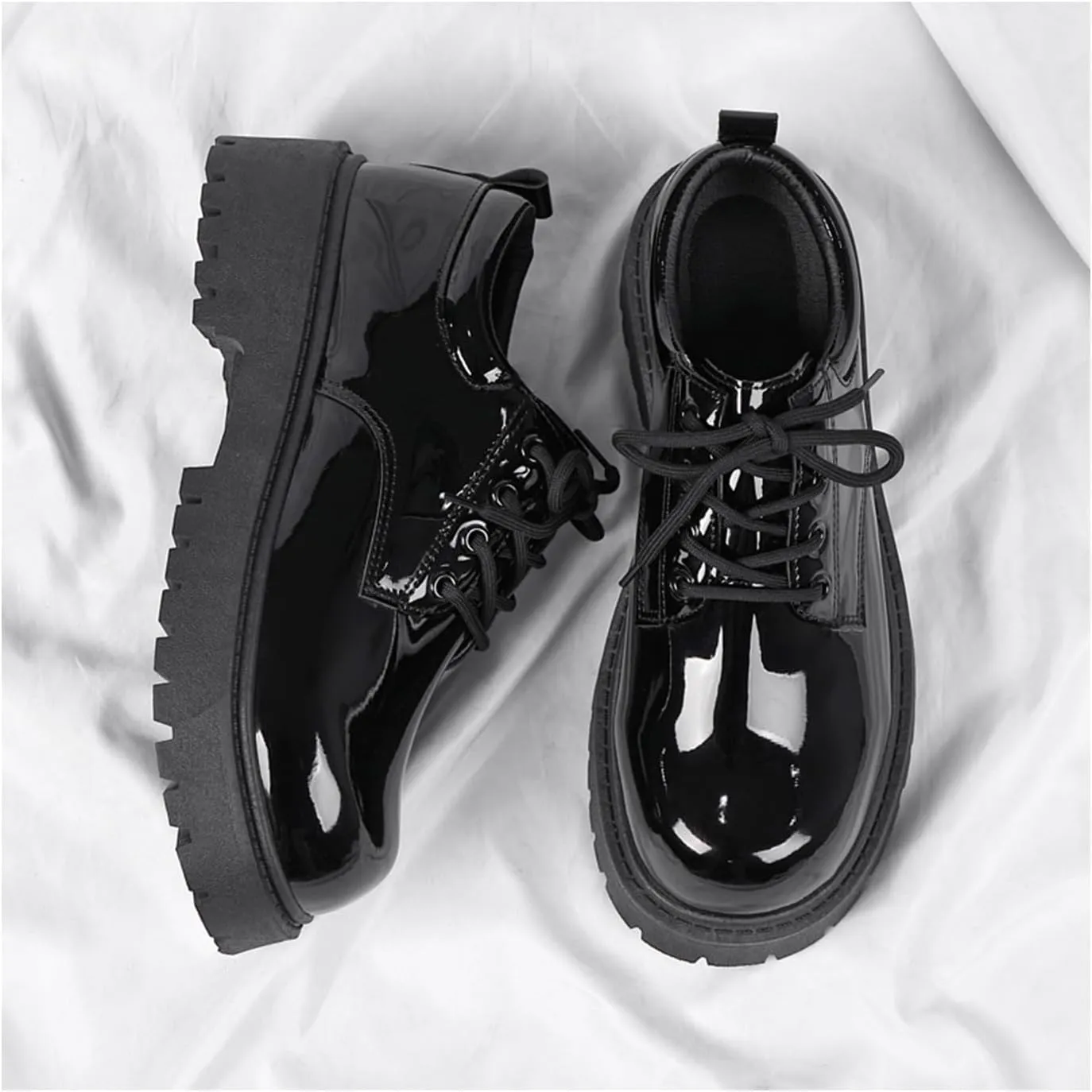 Men's Patent Leather Lace Up Platform Oxfords Round Toe Chunky Heel Lug Sole Soft Bottom Derby Casual Shoes Classic Work Office Business Dress Shoes