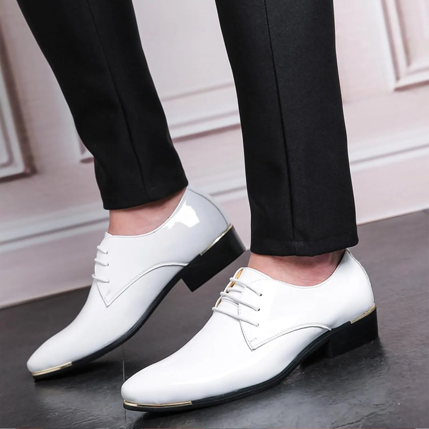 Men's Patent Leather Pointed Toe Derby Dress Shoes Classic Lace-Up Tuxedo Business Formal Oxford Shoes