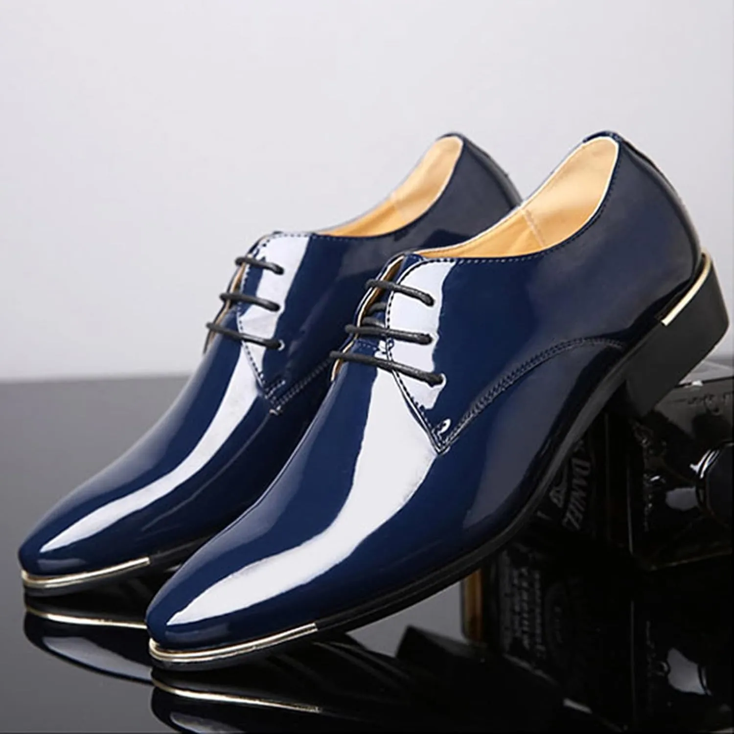 Men's Patent Leather Pointed Toe Derby Dress Shoes Classic Lace-Up Tuxedo Business Formal Oxford Shoes